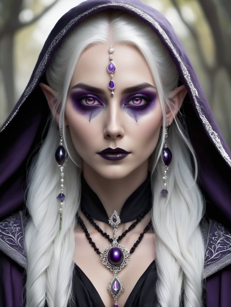 stunning elven drow woman with purple skin , long white hair pulled up into a half bun , solid white eyes with no pupil , wearing a black hooded cloak and rosary prayer beads made of iridescent beads , stunning detail , dark gothic color palate