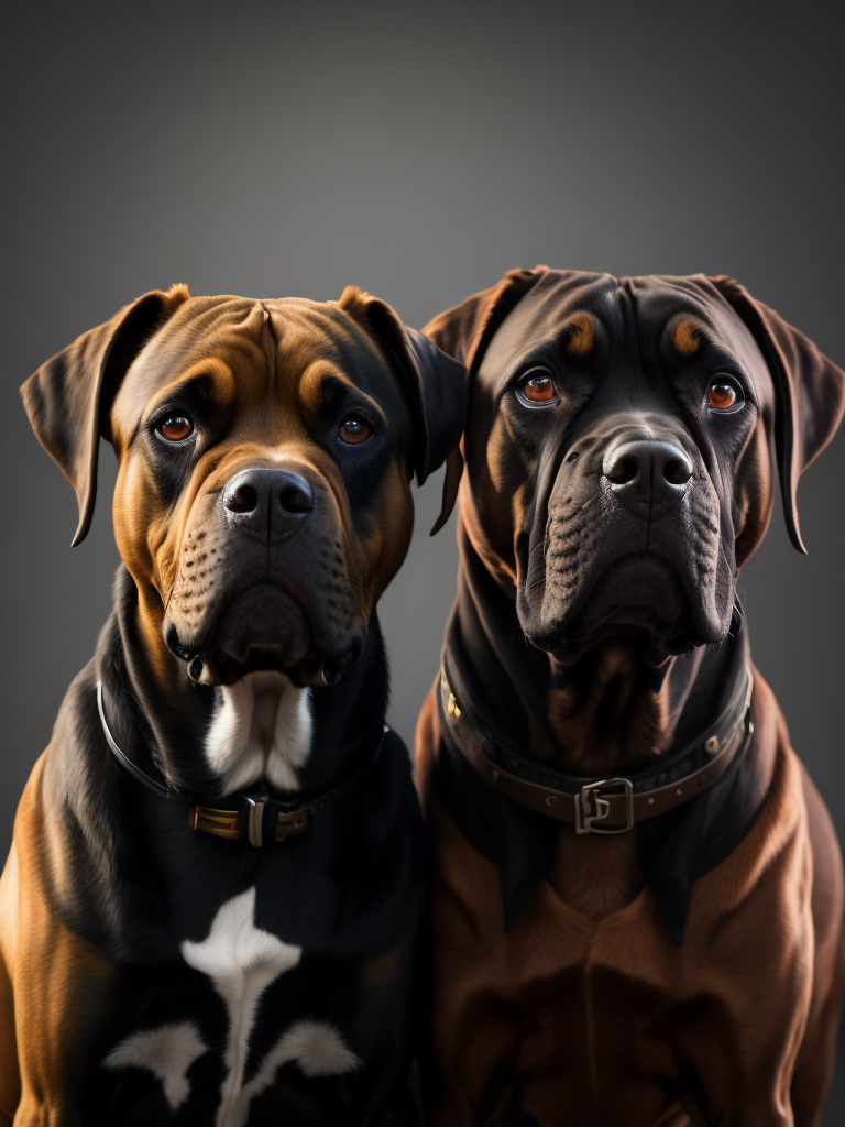 create a portrait of 2 dogs, one is a black cane corso and amstaff mix, the other one is a mix between a setter and a cocker, reddish hair