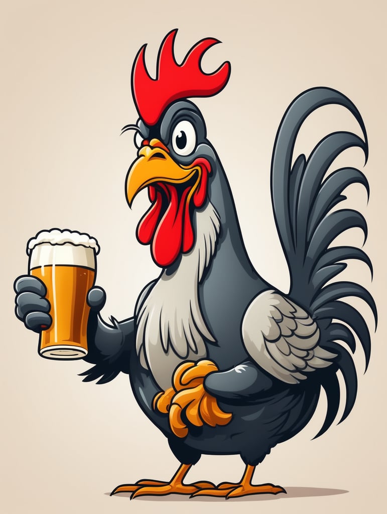 Cartoon rooster chugging a beer