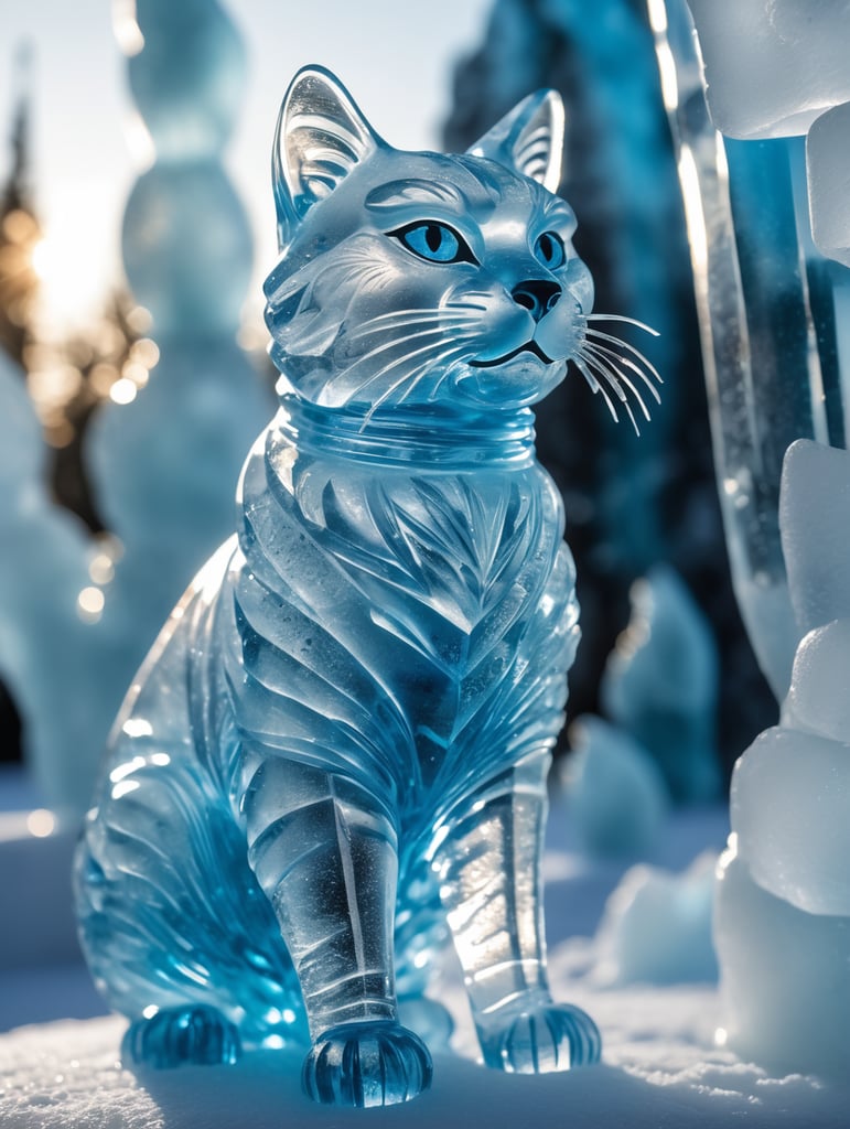 Highly detailed shot of an blueish ice sculpture in the shape of a Russian cat, full-body shot, dramatic shattering ice background, full motion effects, diagonal view, ice crystal particles everywhere, back light, ultra sharp focus, high speed shot, subtle color, Bioluminescence, high quality