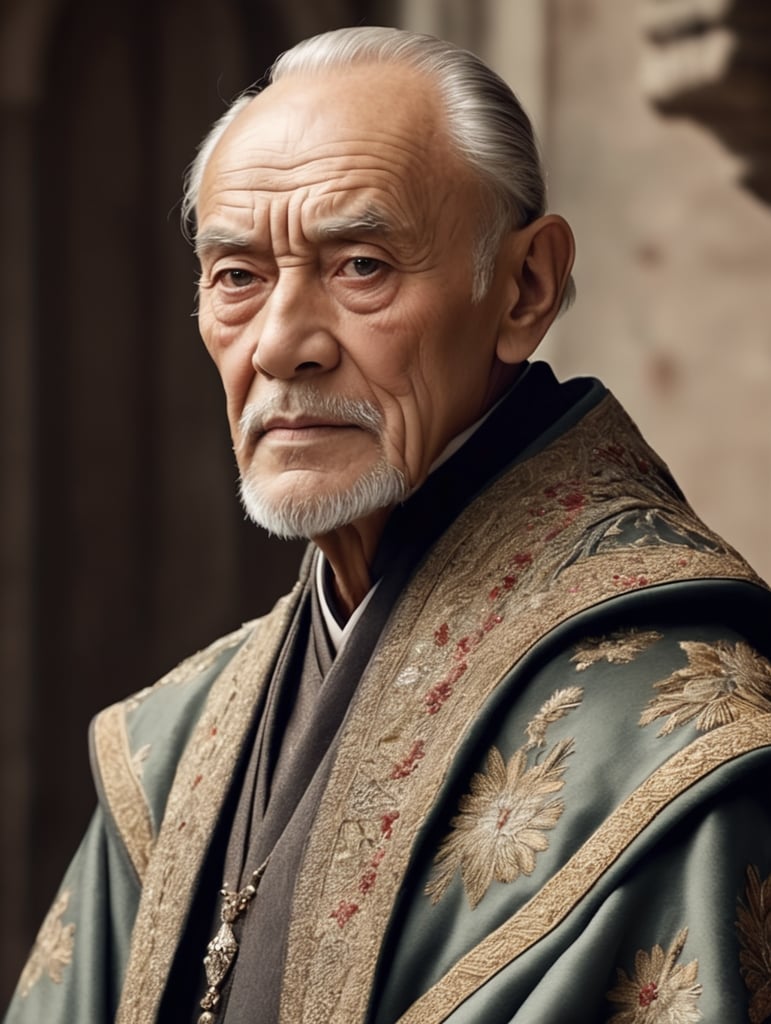 Looks like a wise man. Has a high age 70 A high forehead with sophisticated parallel long dressed in an embroidered prominent cheekbones.