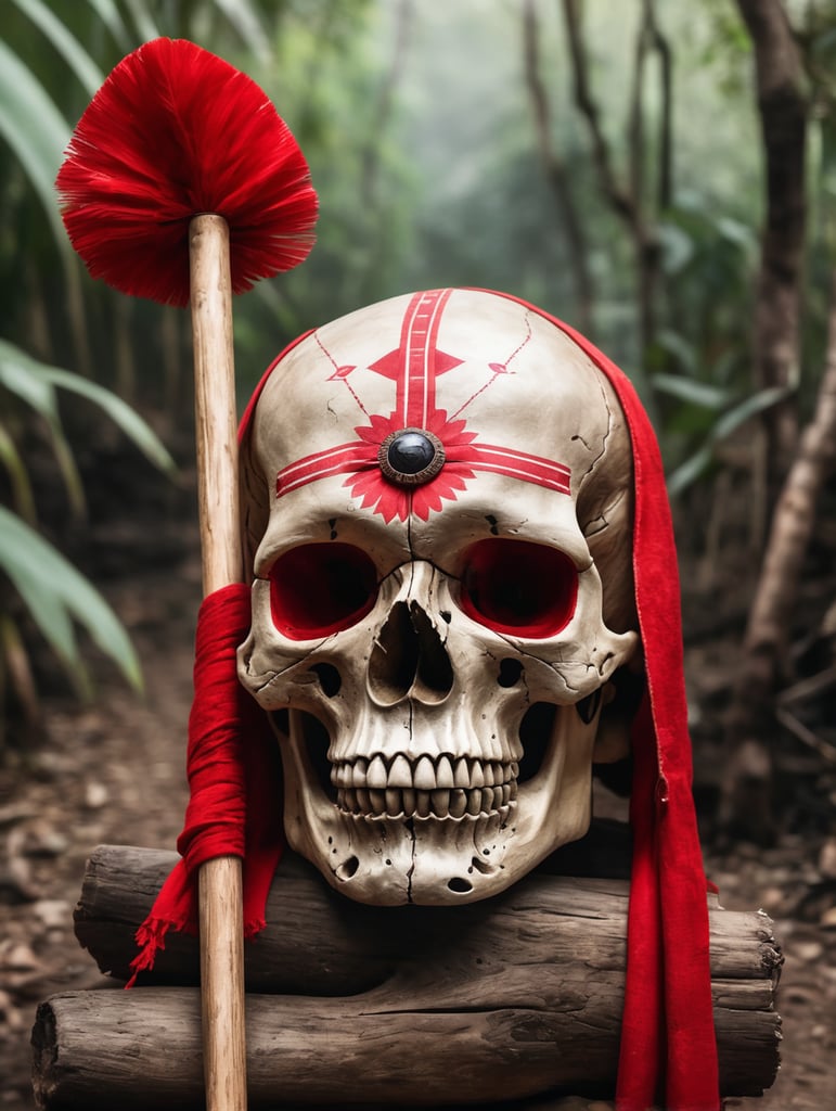 a skull with a piece of red cloth over the eyes ritualistic placed on a wooden stick,in a jungle village, aztec, water color