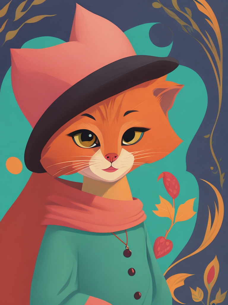 a young pink cat, wearing a hat, Illustration, Disney, USA, style of Mary Blair