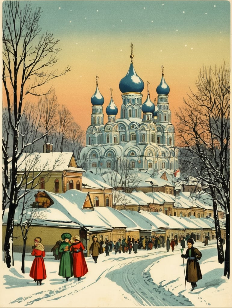 Russia, Tver city, vintage Christmas postcard illustration