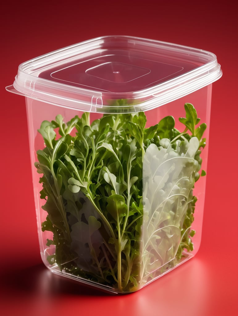 blank Transparent Plastic Container with Arugula Salad, isolated, red background, Mockup, mock up