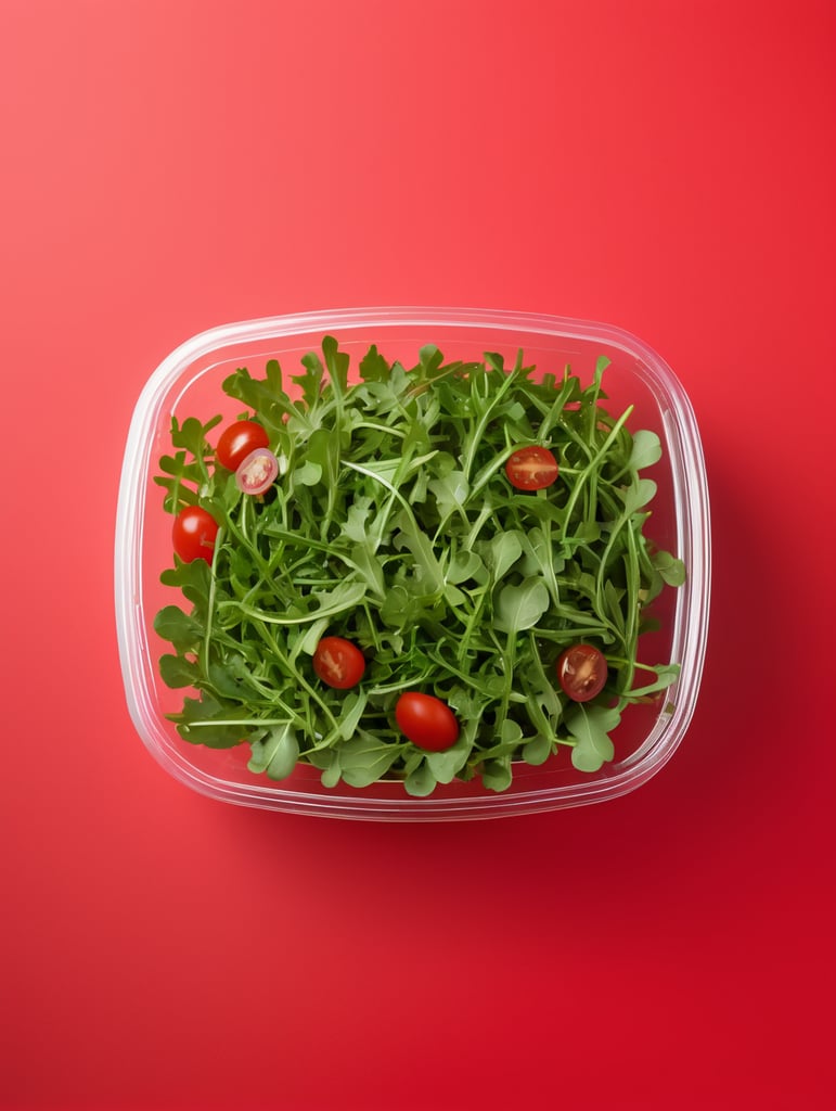 blank Transparent Plastic Container with Arugula Salad, isolated, red background, Mockup, mock up