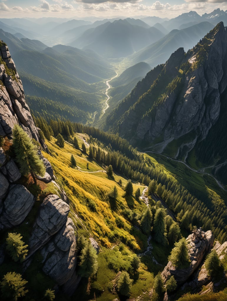 1st person view, overlooking sublime landscape from high mountains, down to very steep valleys and into great depth, some tall pine trees in the very foreground, immense depth, national geographic professional photography ultra HD style