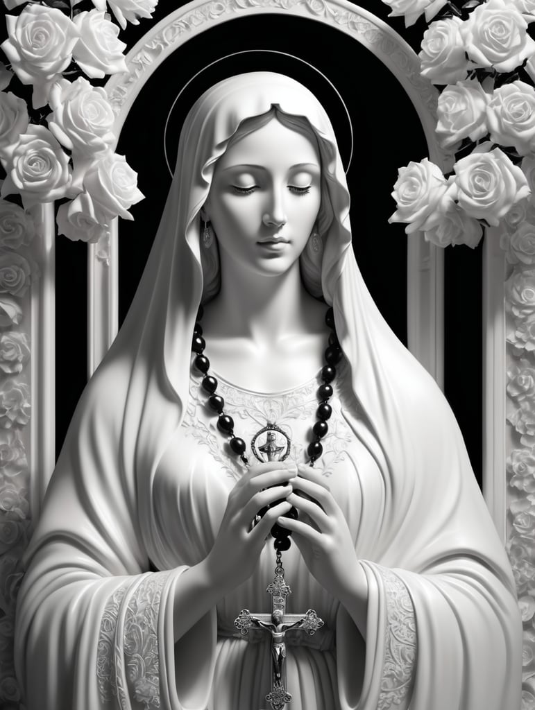 virgin mary holding a roseary with rose in background, black and white