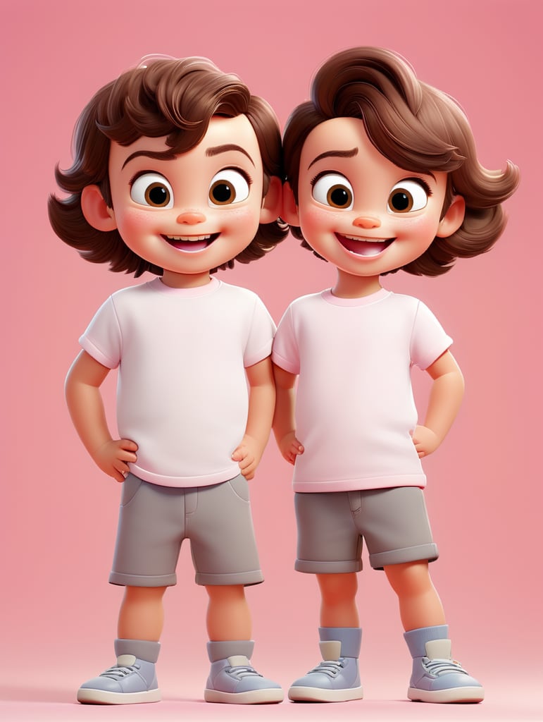 a Little boy and girl wearing white t-shirts, standing in front of pink background, blank shirts no print, 3 years old smiling toddlers, photo for apparel mock-up