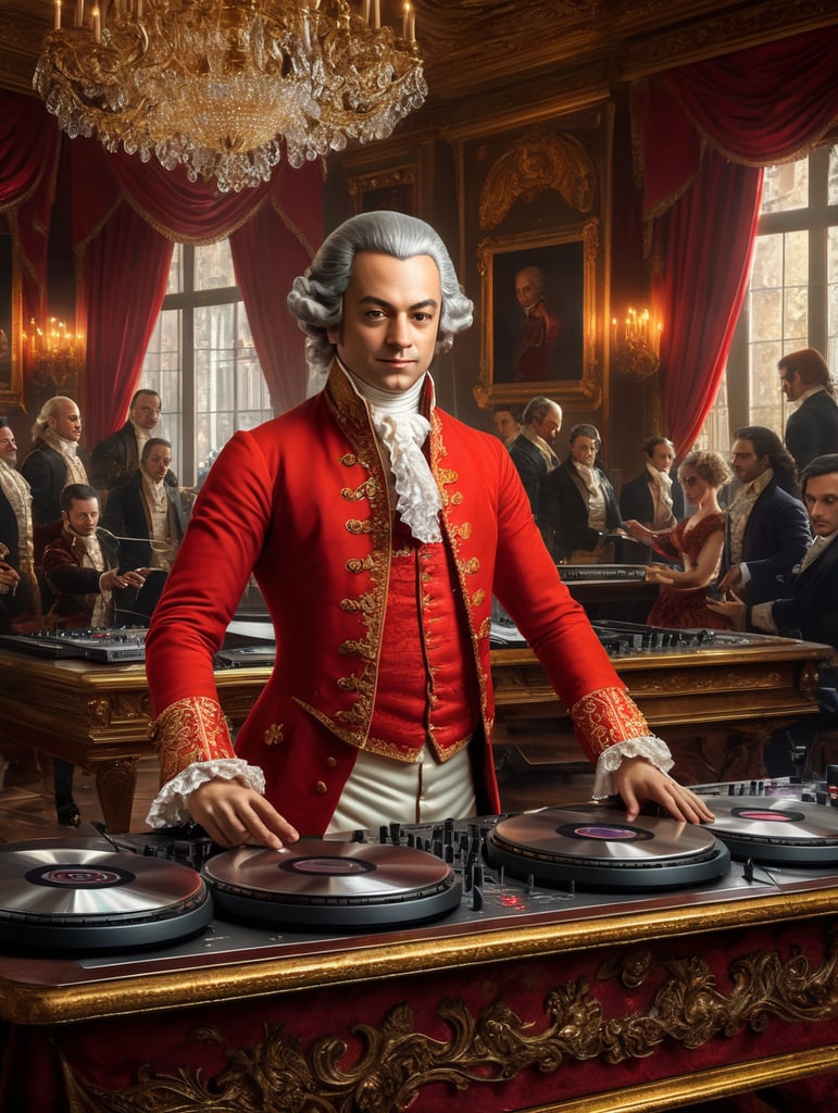 Wolfgang Amadeus Mozart in a 18th century red suit making music on a DJ table, Against the background of the interior of the palace full of guests, studio photo, professional photo, Bright and rich colors, Detailed image, detailed face,