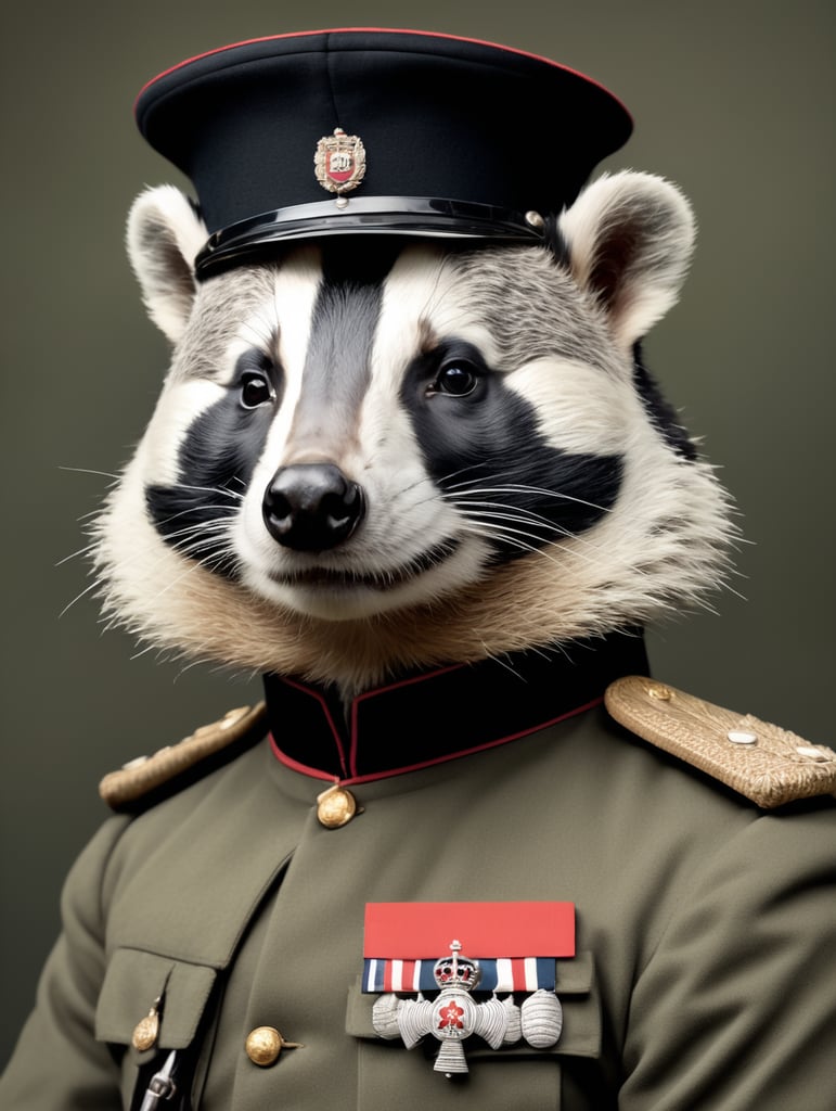 A portrait of a eurasian badger in a nineteenth century British Army Brigadier uniform