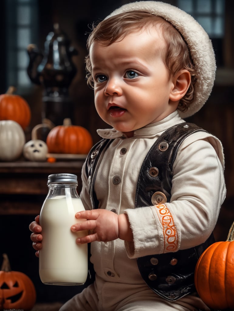 Alex from the Clockwork Orange movie, as a little cute baby, holding a bottle of milk, Halloween, Vivid saturated colors, Contrast color