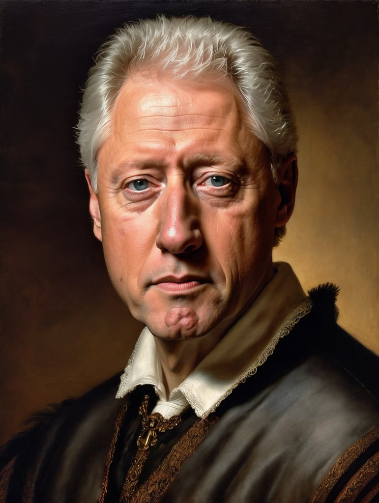 Portrait of Bill Clinton by Rembrandt Harmenszoon van Rijn, sad face, America, so sorry