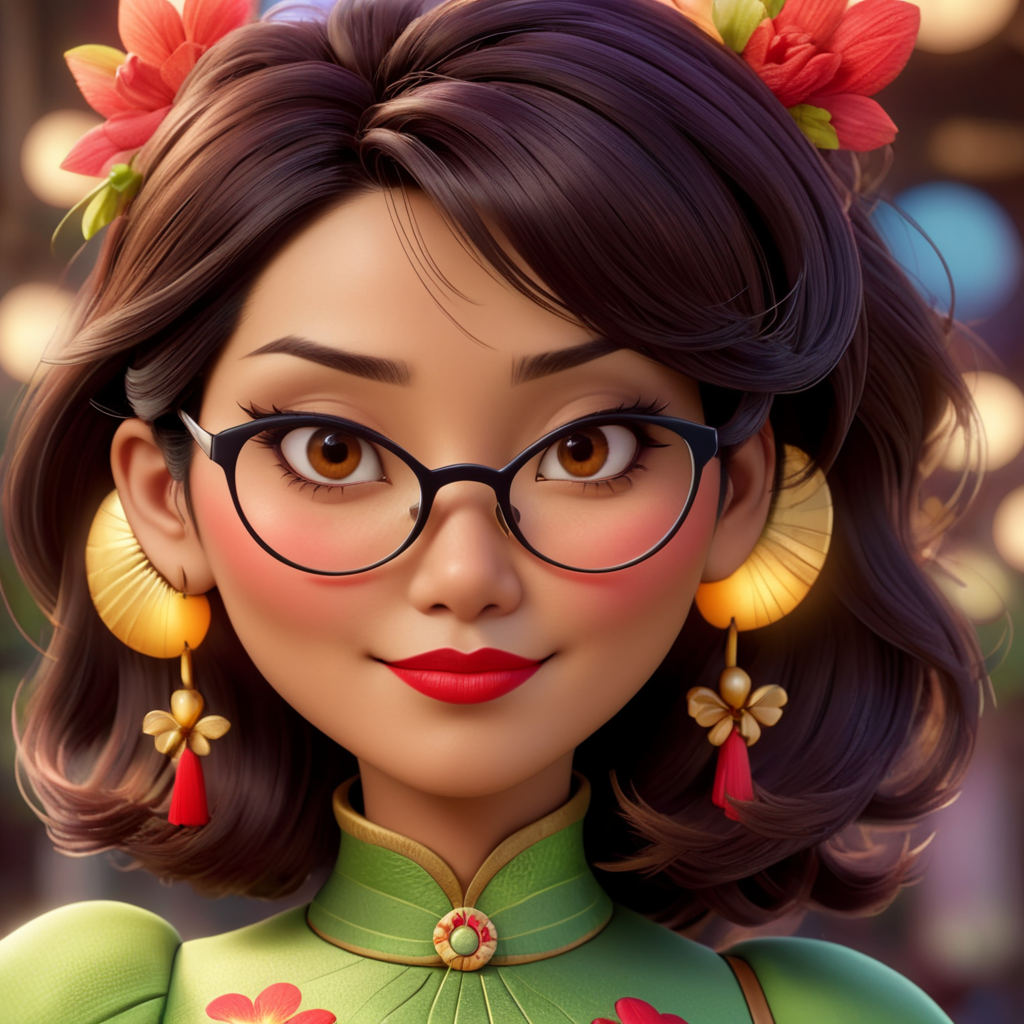 A beautiful Japanese-Brazilian woman, age 42, red lipstick, wearing glasses, brown eyes, shoulder-length dark brown hair, Disney Pixar style