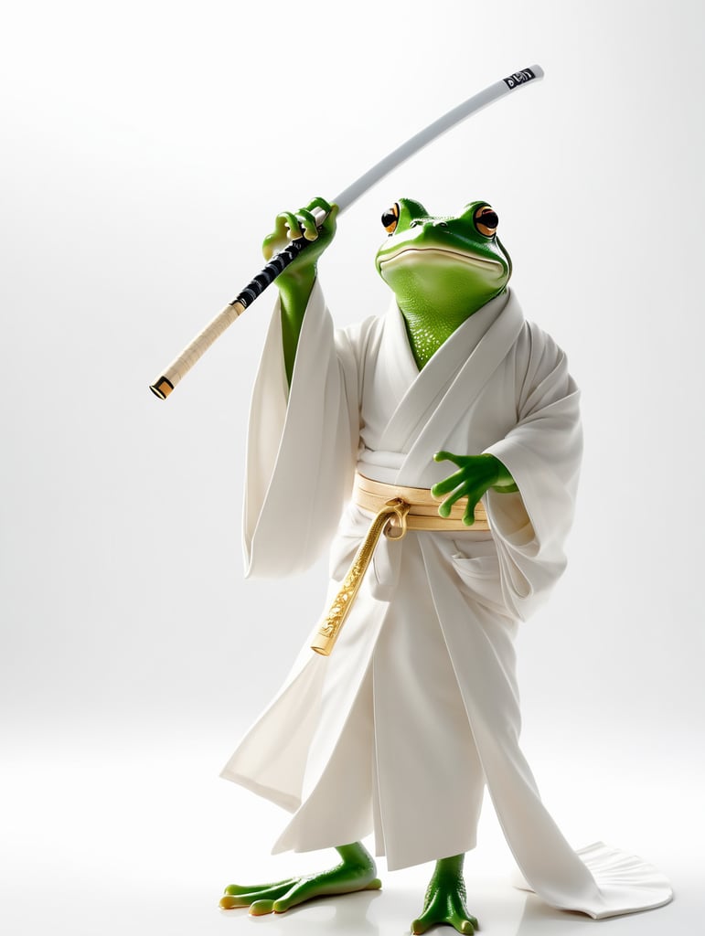 Anime frog wielding one Katana by his side and wearing a white minimalist Kimono