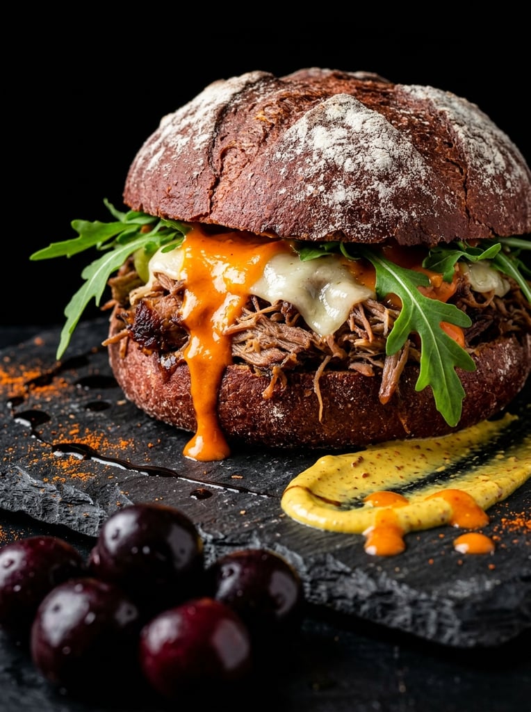 gourmet sandwich on dark textured slate, dark reddish-brown artisan bun dusted with white flour, savory shredded meat, melted white cheese, dripping bright orange sauce, protruding fresh green arugula, thick smear of yellow sauce on the stone base, dark glaze streaks, scattered orange spice powder, blurred dark glossy cherries in the immediate foreground, pitch black background, macro food photography, dramatic studio lighting, shallow depth of field, high contrast textures