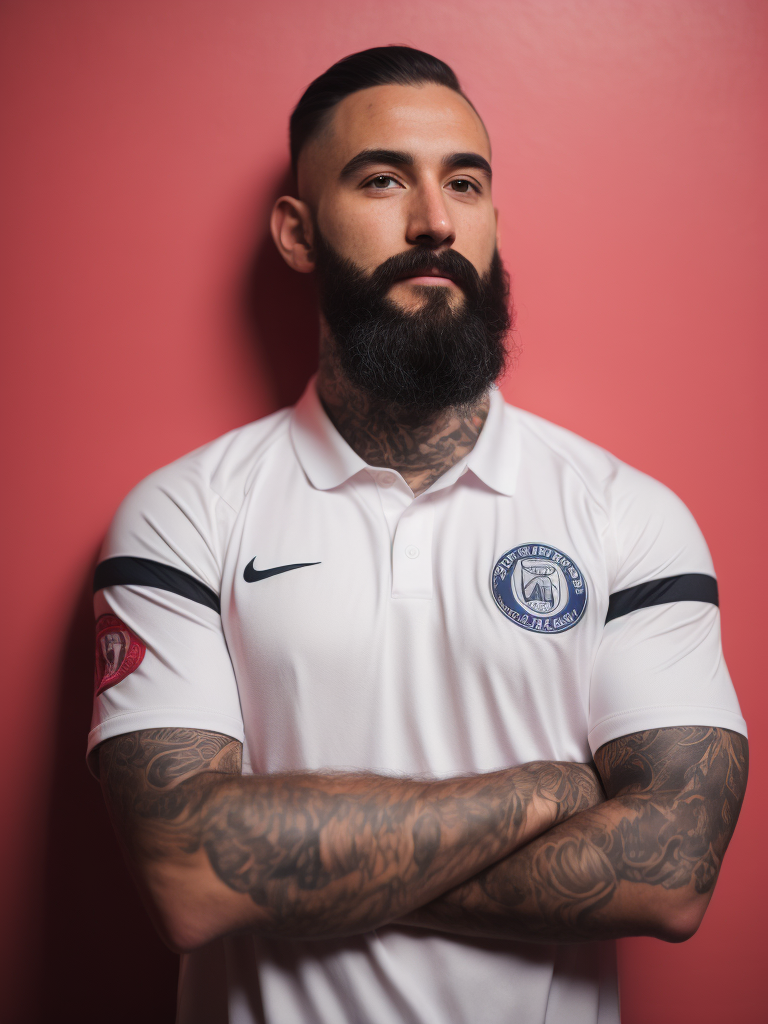 a tattooed soccer player with long black beard stands in a front of the bright pink wall
