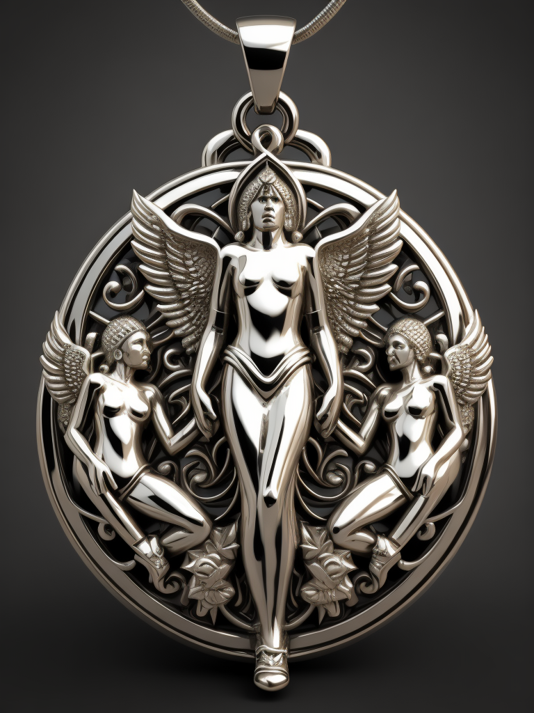 Intricately detailed 3d render of a highly stylized, sterling silver, pendant with the likeness of three angels in the design. art nuevuo, art deco, exquisitely beautiful, exotic, magical