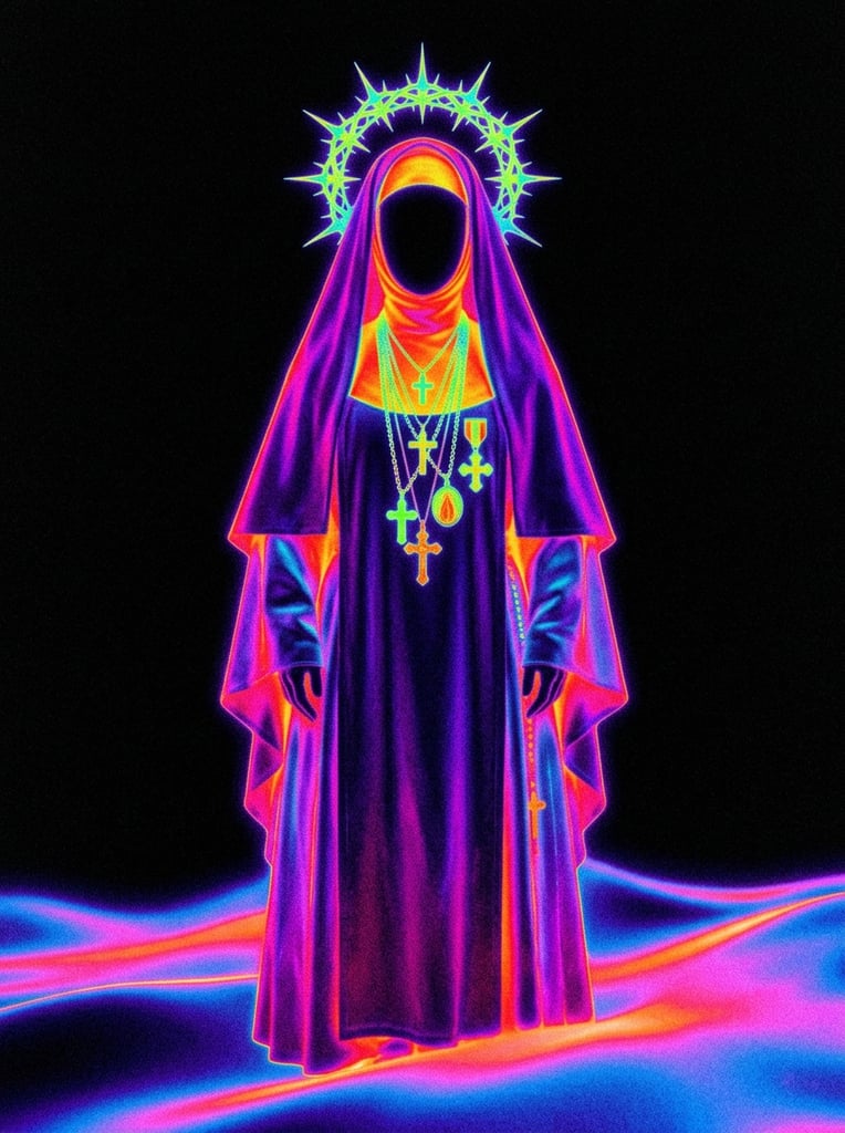 A central figure wearing a flowing nun's habit with a completely obscured face stands adorned with multiple layered necklaces featuring prominent crosses and religious medals, crowned by a spiked halo headpiece resting atop the veil. The scene is rendered in an extreme, psychedelic thermal-imaging aesthetic characterized by an ultra-saturated, false-color neon palette. The subject and immediate surroundings radiate with a luminous heat-map gradient, transitioning from blazing crimson and vibrant tangerine to acidic yellow, deep indigo, and vivid magenta. The spiked halo and metallic necklaces blaze in hot, high-contrast hues like lime green and bright cyan, standing out against the darker, cooler purple folds of the habit. The figure is grounded on a rolling, abstract terrain of smooth neon color waves, set against a stark, pure pitch-black background void. A coarse, heavy film grain and pronounced digital noise texture blankets the entire composition, amplifying the lo-fi, high-contrast infrared photography style with glowing, radiant edges and stark shadow mapping.