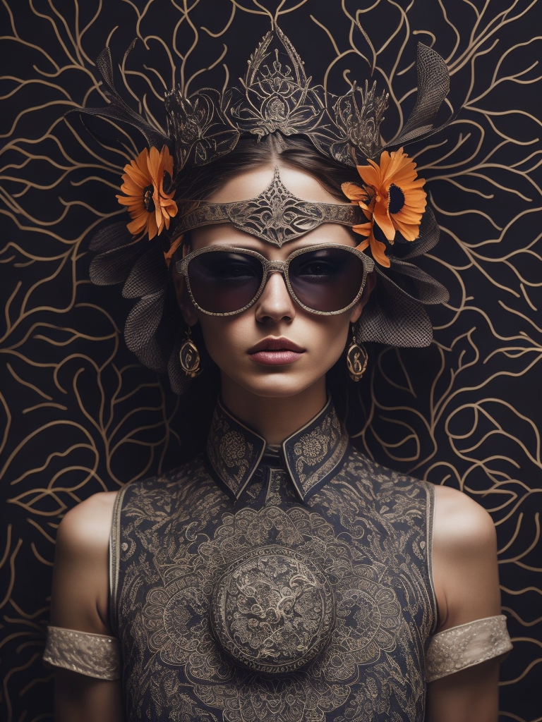 a chromogenic carbon print of a woman wearing a dress of biomorphic turing Morphogenesis made of moth, beetle, orchid, islamic patterns, penrose tiling, arabesques, Girih tiles, lattice, corals, Belousov–Zhabotinsky reaction vortex crown sunglasses, Phyllotaxis headress, pufferfish gloves, Slime mould jewelry, Meanders silver belt ornament, photograph in the style of William Eggleston, Marie Cosindas, Carolina Mizrahi, Sarah Moon,