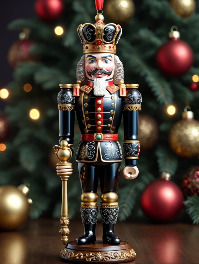 Festive Nutcracker Ornament in Glass, chess piece, King, elegantly carved wood fused with filigree metal design, stylish