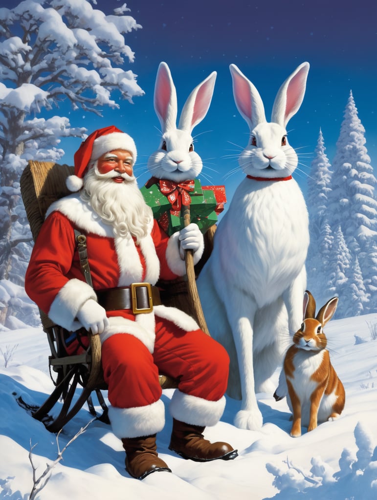 New year's card, Santa Claus and Snow Maiden, rabbit, deere, by Justin Gerard and Greg Rutkowski