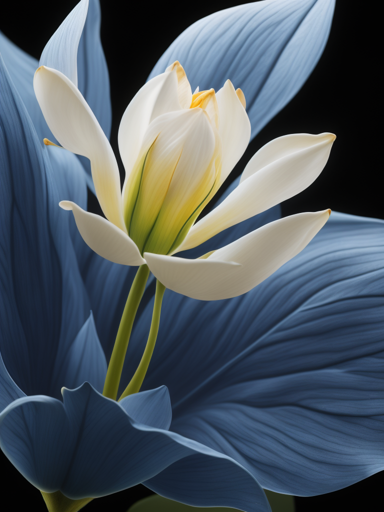 x-ray photo of transparent [lotus bud iris peony sweet peas lilies], white and royal blue, rule of thirds, super macro photography, graceful balance, minimalism of sculptor, ethereal light, black background
