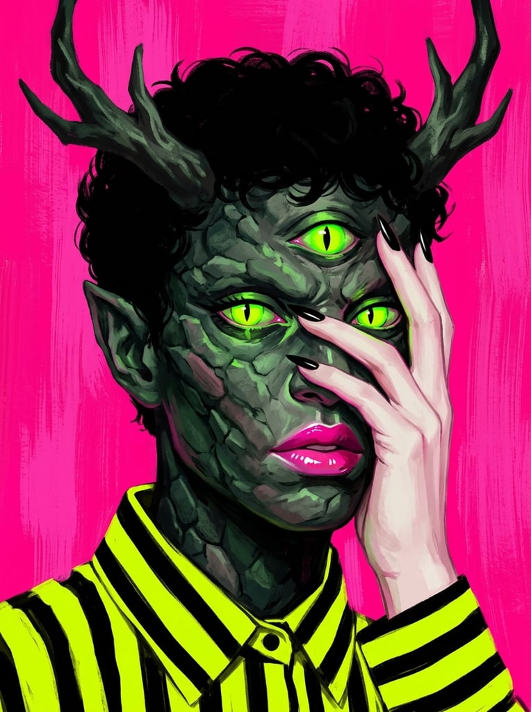 A pop-surrealist portrait of a three-eyed humanoid figure with craggy greenish-black skin, partially covering its face with a pale human hand against a vibrant hot pink background. The entity stares with glowing neon green feline eyes, including a prominent third eye on its forehead. Dark branching horns emerge from short, curly black hair. A delicate hand with sharp black fingernails rests elegantly across the face, contrasting with the monstrous visage and glossy bright pink lips. The figure wears a collared shirt featuring bold horizontal neon yellow and black stripes. The intensely saturated magenta backdrop is detailed with rough, distressed vertical brushstrokes. The digital painting utilizes a high-contrast neon color palette, juxtaposing grotesque demonic features with glamorous, high-fashion aesthetics.