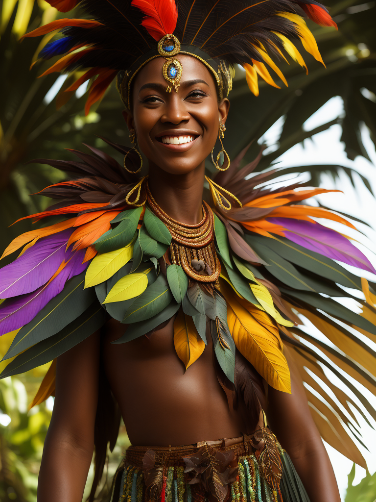 Papua New Guinea lady smiling, head dress, bright multi coloured feathers, chocolate brown coloured background of leaves , tropical, dramatic light, vibrant iridescent colours,