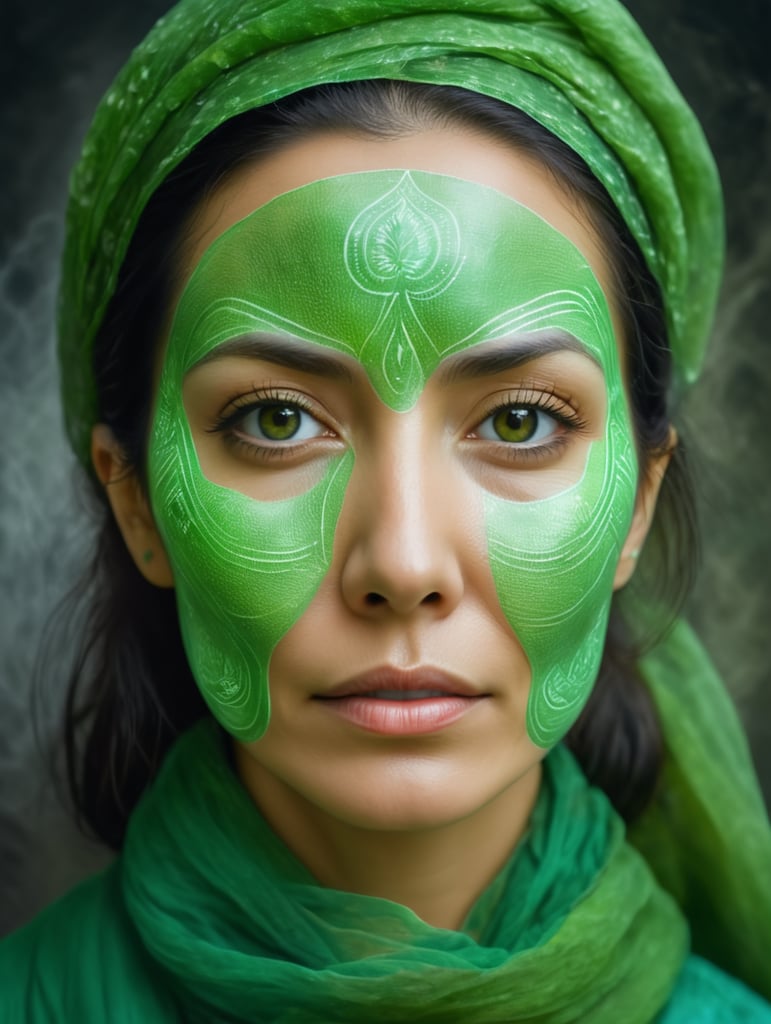 Portrait of a woman experiencing spiritual experience, wrapped green film