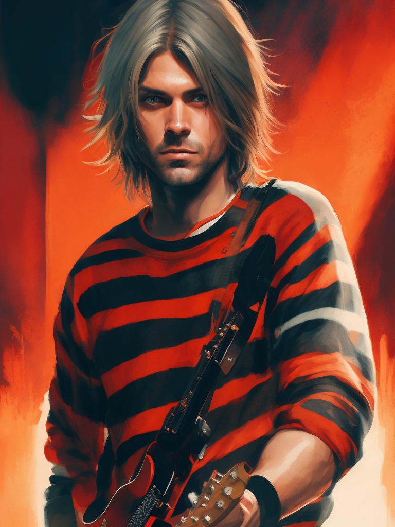 Kurt Cobain is wearing a black and red striped sweater, with an electric guitar, Vivid saturated colors, Contrast light, studio photo, professional photo, Detailed image, detailed face