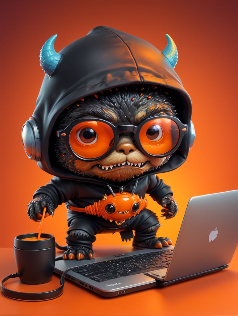 mascot monster typing laptop, a cute mascot character wearing black hoodie and glasses, orange color, funko pop, vibrant gradient background,