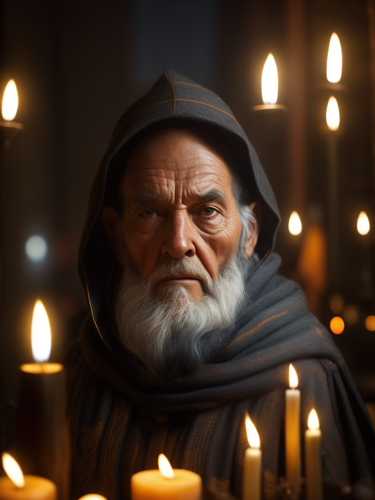 Intricate portrait of a very old gnome, illuminated by warm litted candles, with a backdrop of eerie dungeion, stunning interpretive visual, maximalist scarf and veil. f1.0lens, tilt-shift, dramatic lighting, chiaroscuro