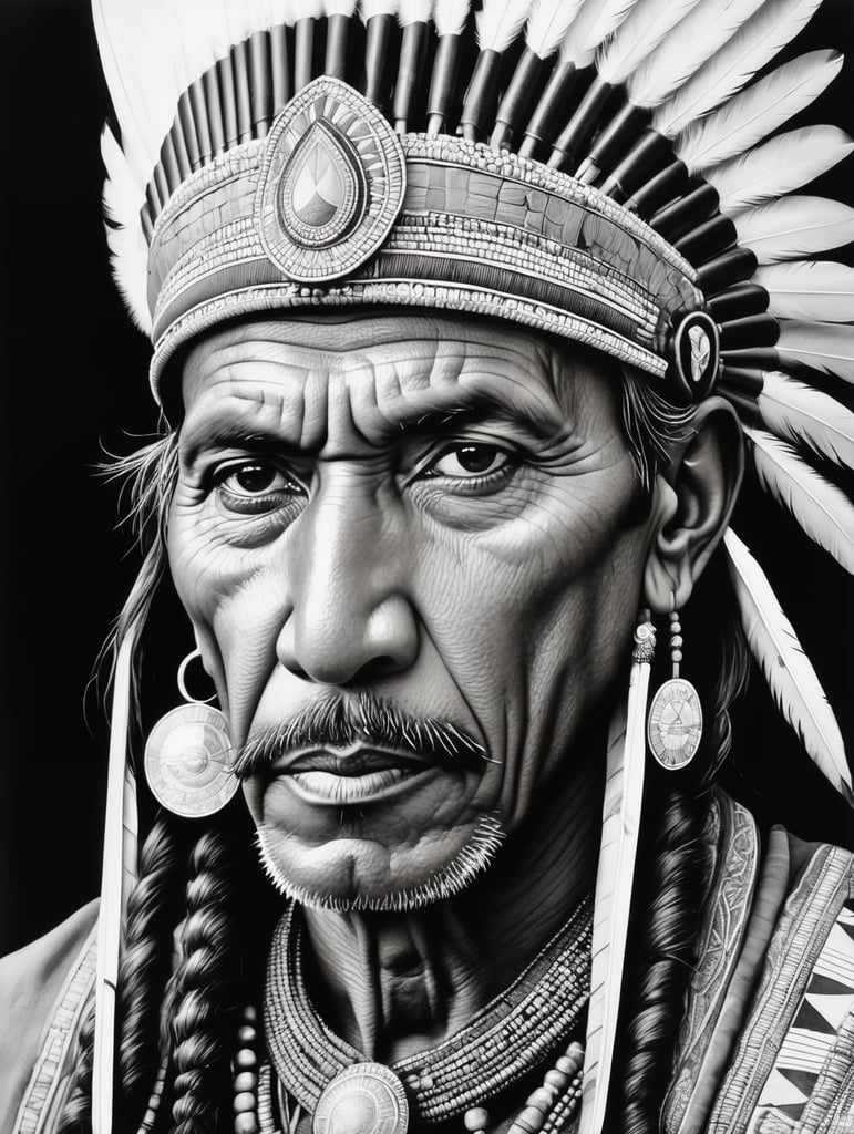 Indian tribal leader, illustration, Pencil, Portrait, B , USA, style of Laurie Lipton