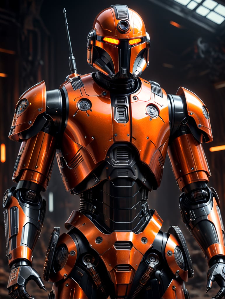 commando droid, star wars, full body, battle pose, shiny black and orange armor, shiny orange light eyes