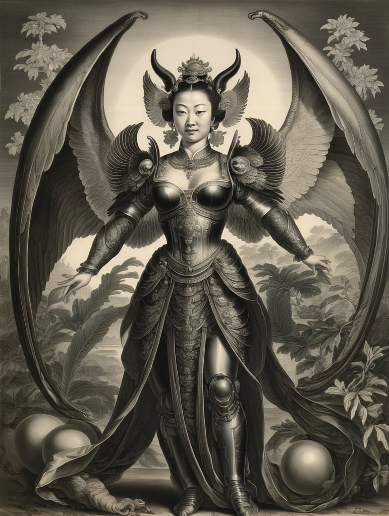 An old engraving by Hendrick Goltzius, a creature, full body portrait, face of a chinese woman, her arms connected to her upper body with batwings