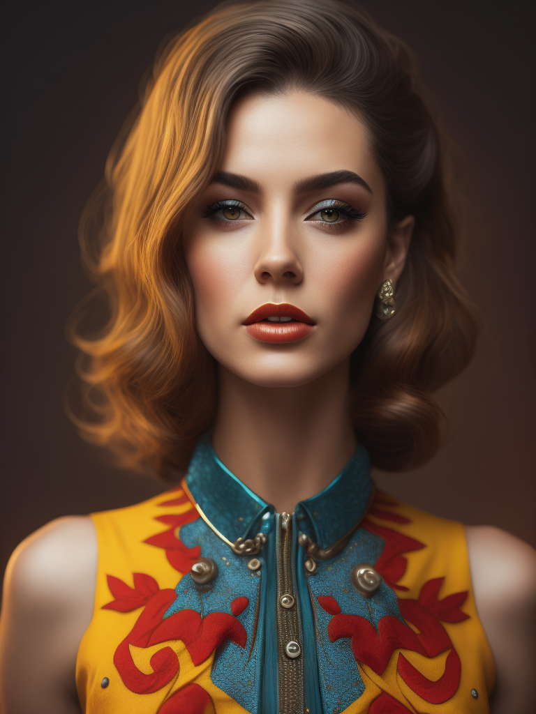 Portrait of a girl dressed in a bright dress, Bright colors, pin up style, 70s