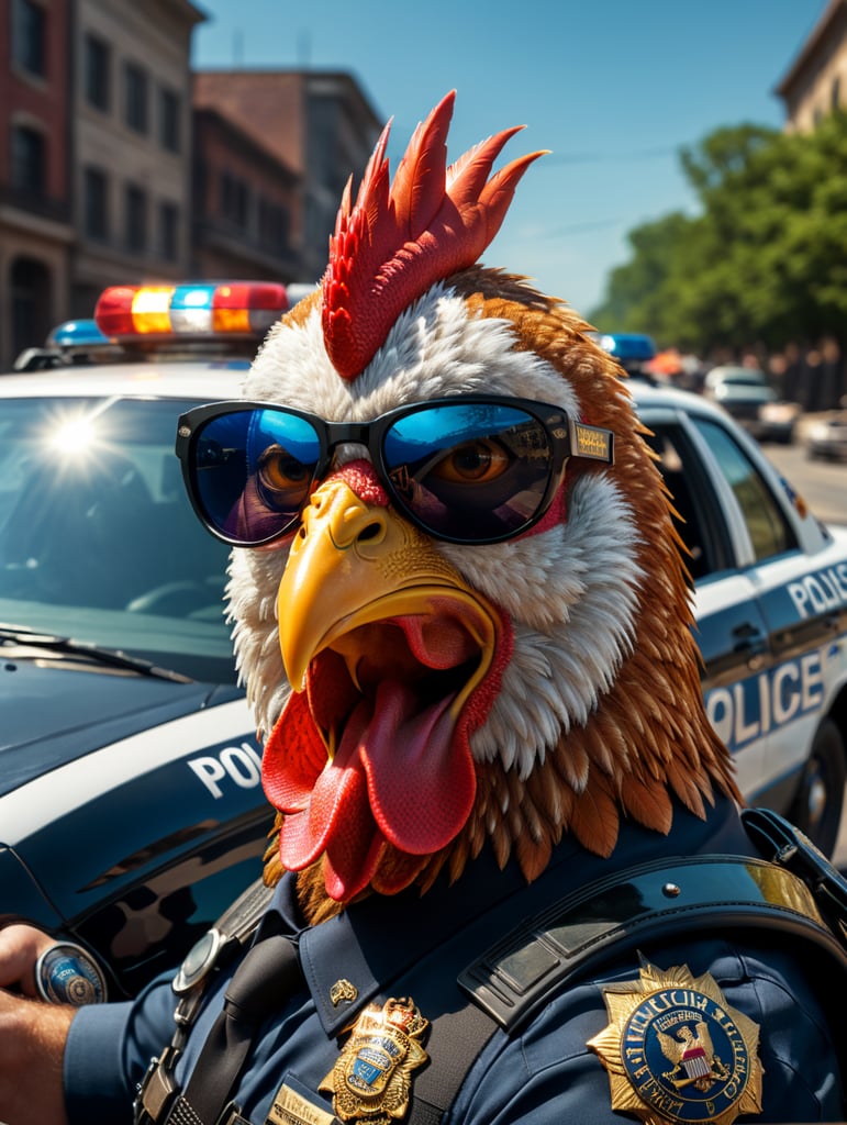 Rooster police officer, sitting behind the wheel of a police car, close-up shot, sunglasses, clipart, stock photo