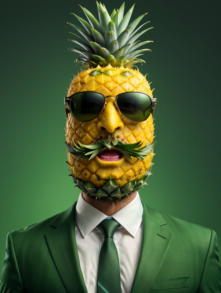 A man in a business suit with a pineapple for a head, green background, sunglasses, isolated