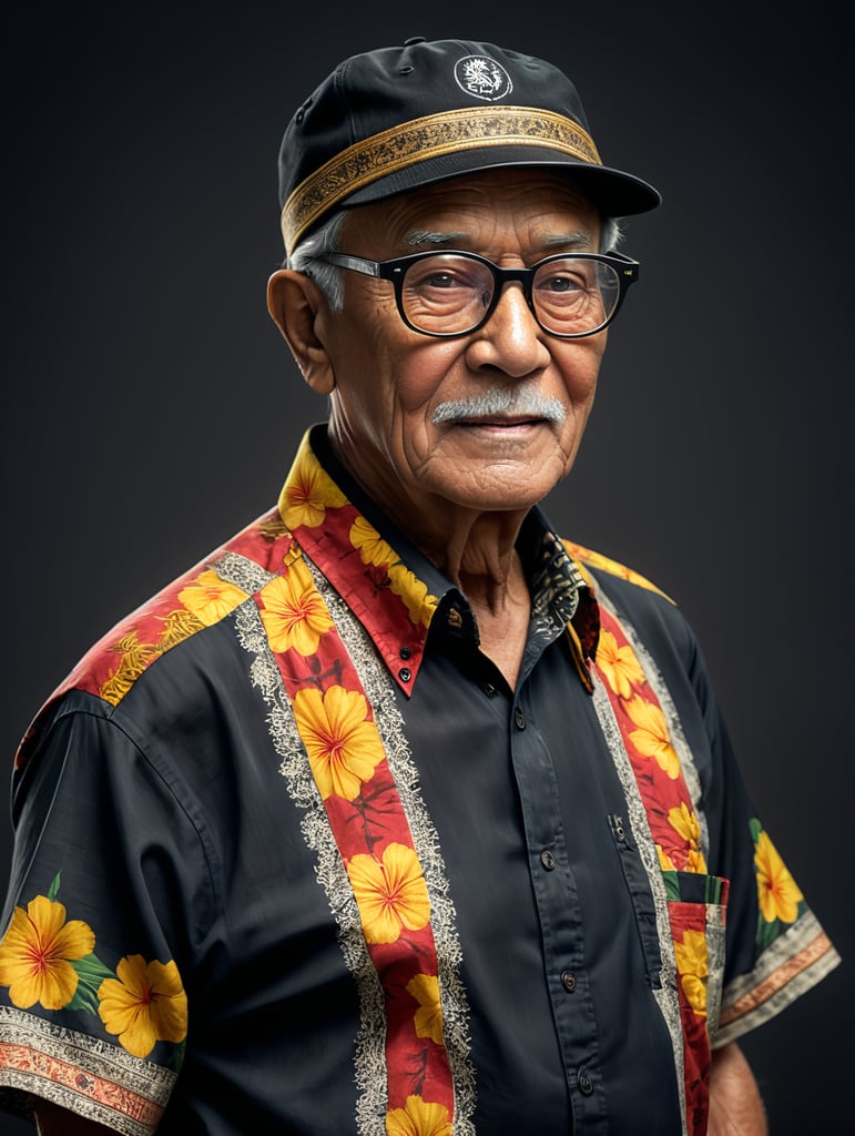 kakek berumur 80 tahun menggunakan baju batik khas Indonesia dan peci warna hitam, dengan kacamata, berfoto full badan