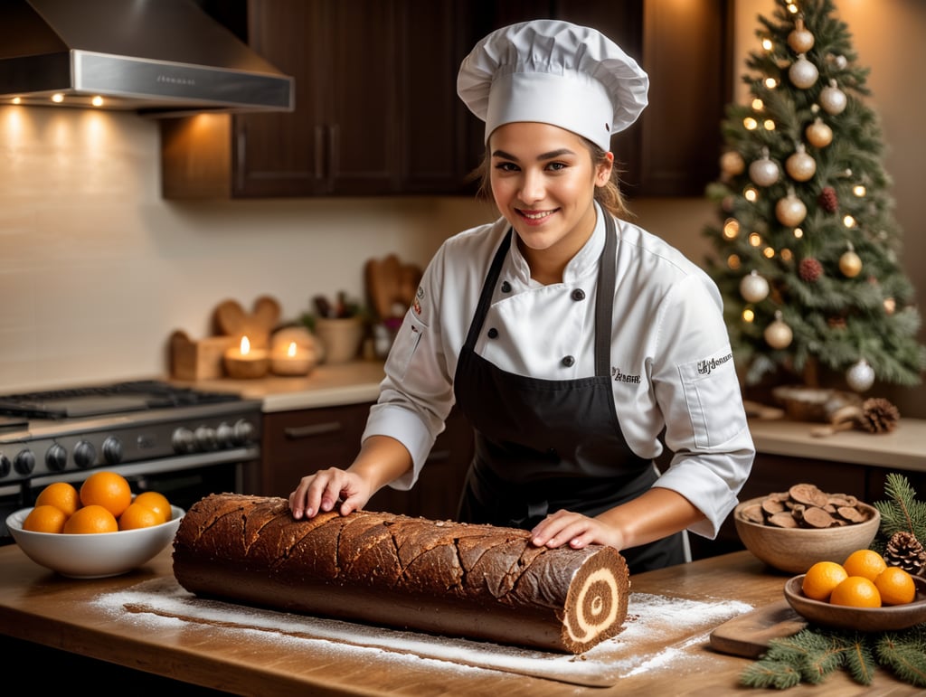 joven chef femenina horneando un tronco navideño