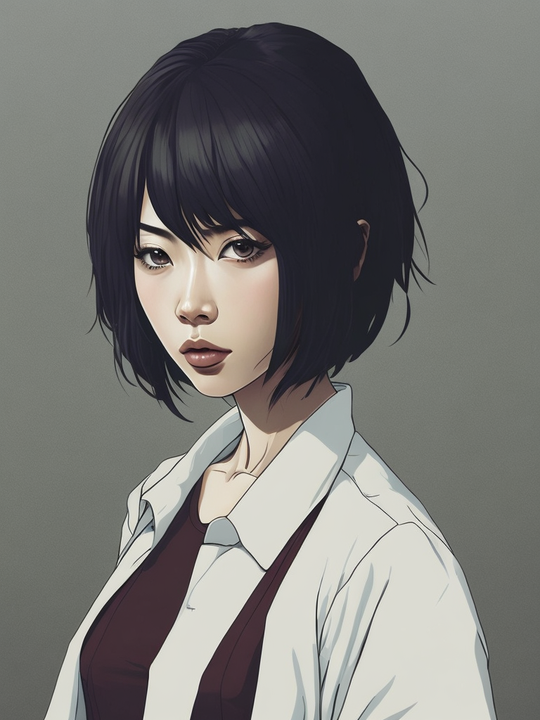 Asian girl with short hair, manga art style