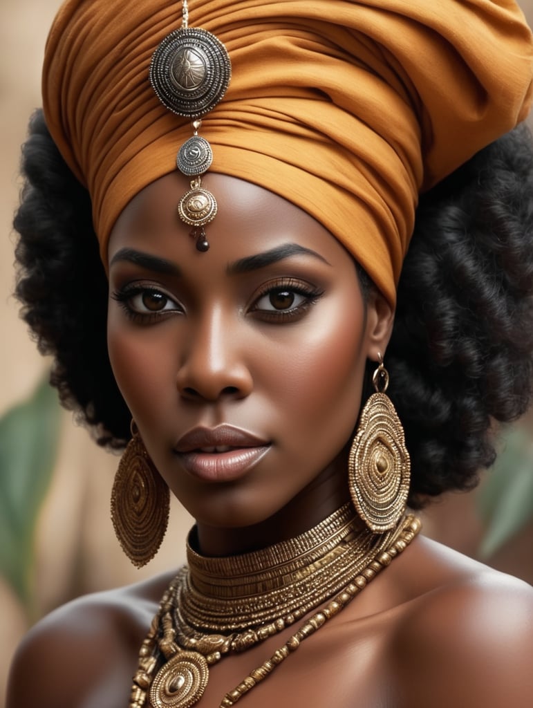 a realistic cinematic close-up of a beautiful dark skin black woman wearing a turban, african woman, african queen, stunning african princess, black art, african arts, african princess, beautiful city black woman only, a beautiful woman warrior, african iconography, black woman, beautiful color art!, african american woman, photo of a black woman, afrocentric mysticism, by Helen Thomas Dranga