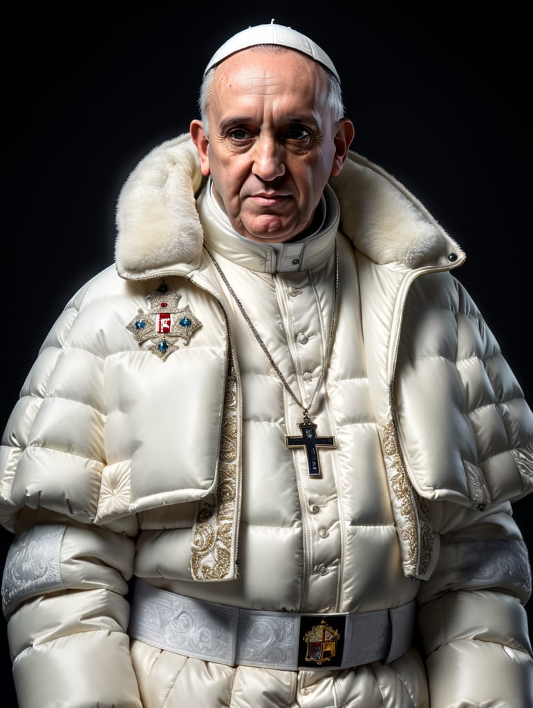 Professional photo of a glamour Pope Francis looking stylish in a white puffer jacket