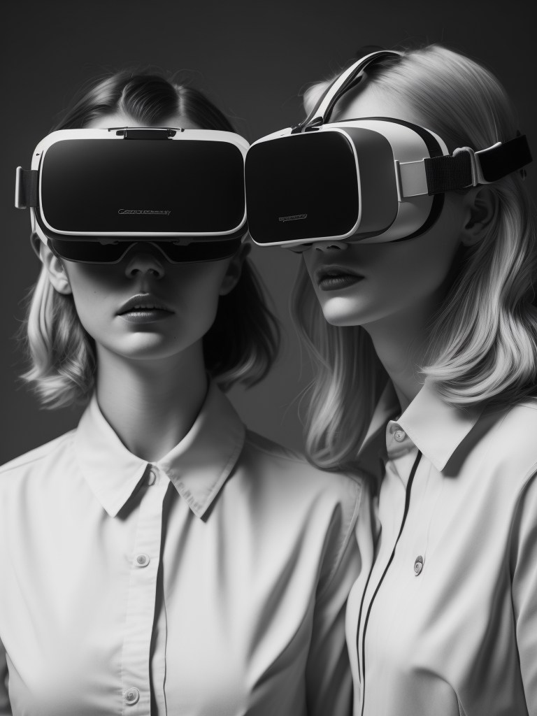 Portrait of girls wearing prototype virtual reality goggles from 1950, black and white