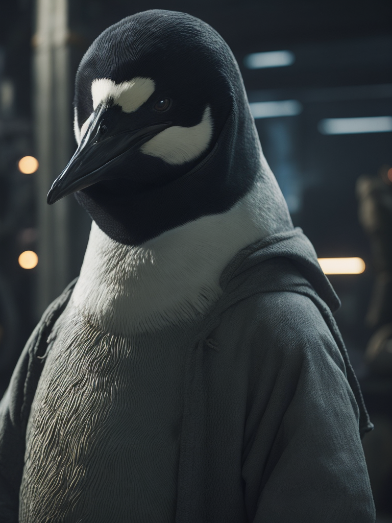 Image of an emperor penguin wearing a welding hood beer in a steel mill