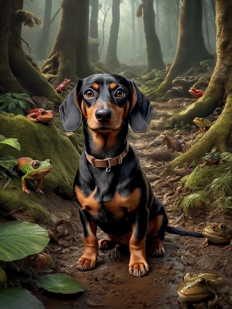 A dachshund in the middle of a forest filled with frogs. The ground is dry and cracking.