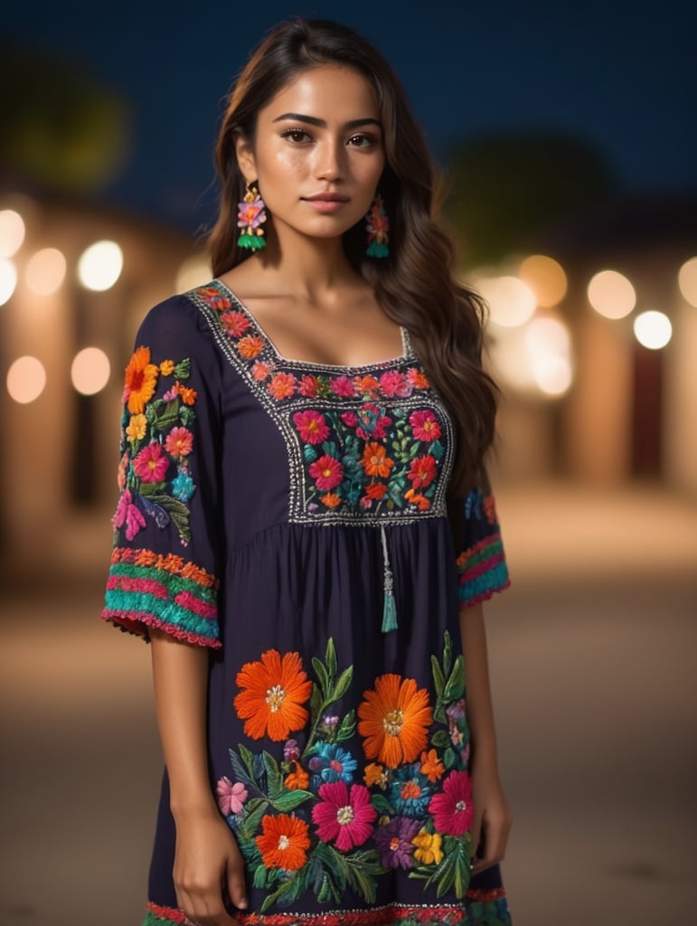Beautiful Mexican woman with freckles, wearing a colorful, vibrant, detailed embroidered dress, médium-full shot, at night