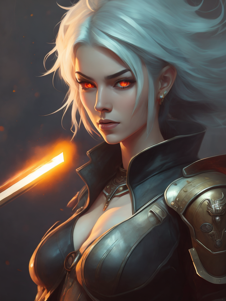 Create a digital artwork featuring an anime girl with white hair and red eyes, holding a sword