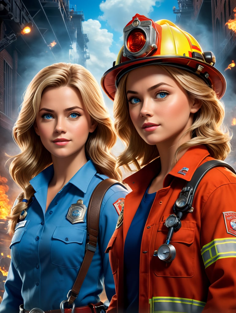 A Disney Pixar-inspired movie poster with the title *MARINA* featuring *woman firefighter wearng short blonde hair, blue eyes and woman doctor wearing long brown hair, brown eyes, our loves,* The scene should be set in the distinct digital art style of Pixar, with a focus on character expressions, vibrant colors, and detailed textures that are characteristic of Pixar animation, standing centered in 3D style, rendered using beautiful Disney animation, Pixar style, Disney style, 3D style